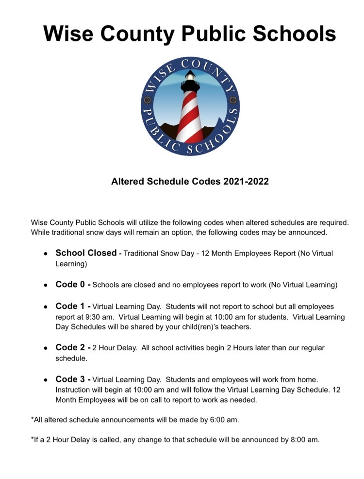 alternate schedule codes for Wise County Schools  
