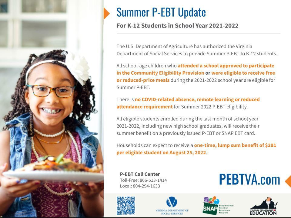 Flyer for P-EBT Benefits.  Go to pebtva.com for more information