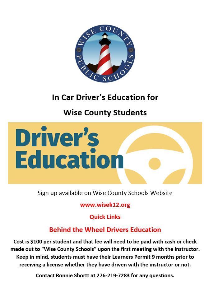Flyer for behind the wheel drivers education.  Call Ronnie Shortt at 276.219.7283