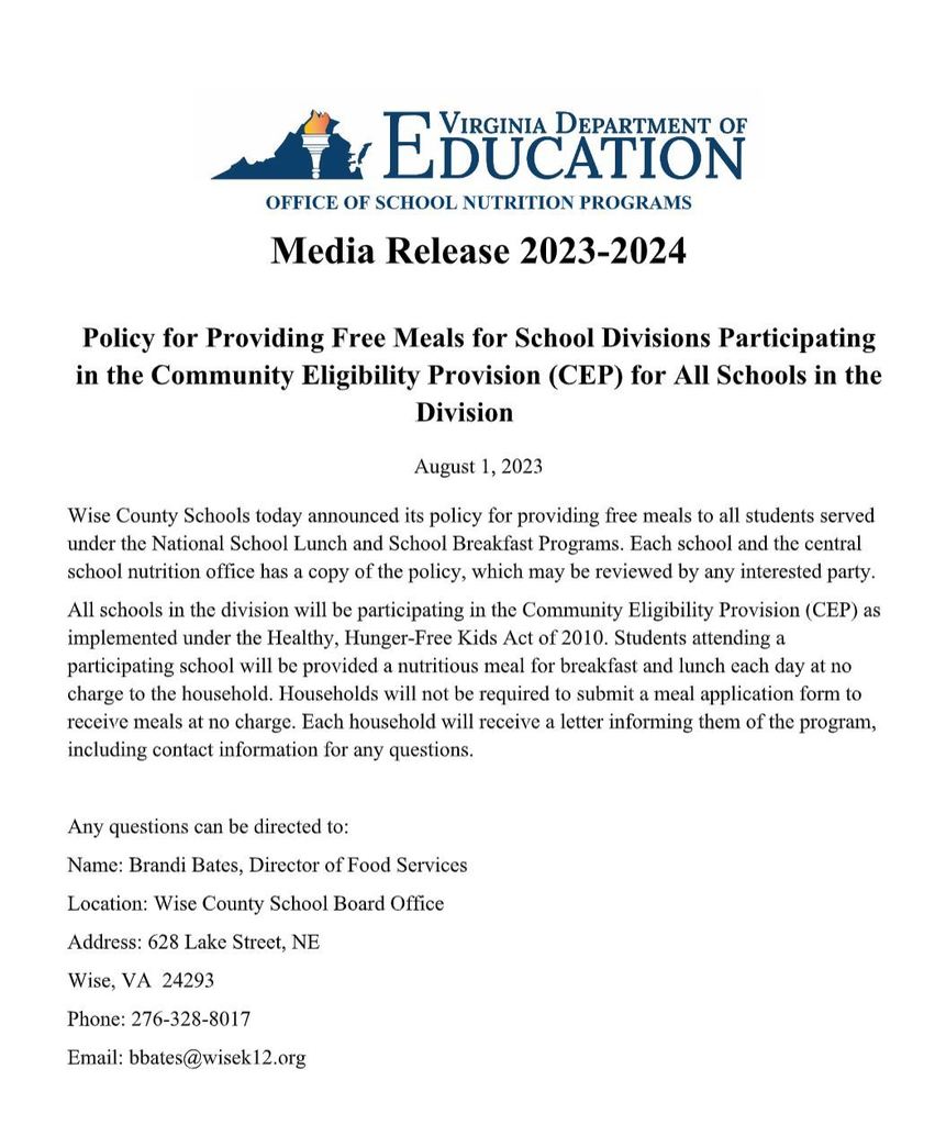 Media Release from the DOE. Contact Brandi Bates at 2763288017 for more information
